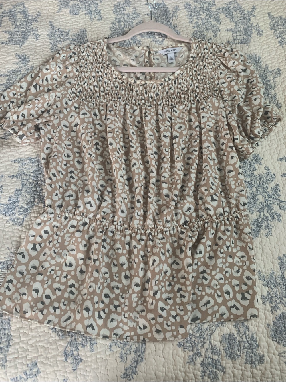 Nine West Beige and White Leopard Smocked Peplum Top